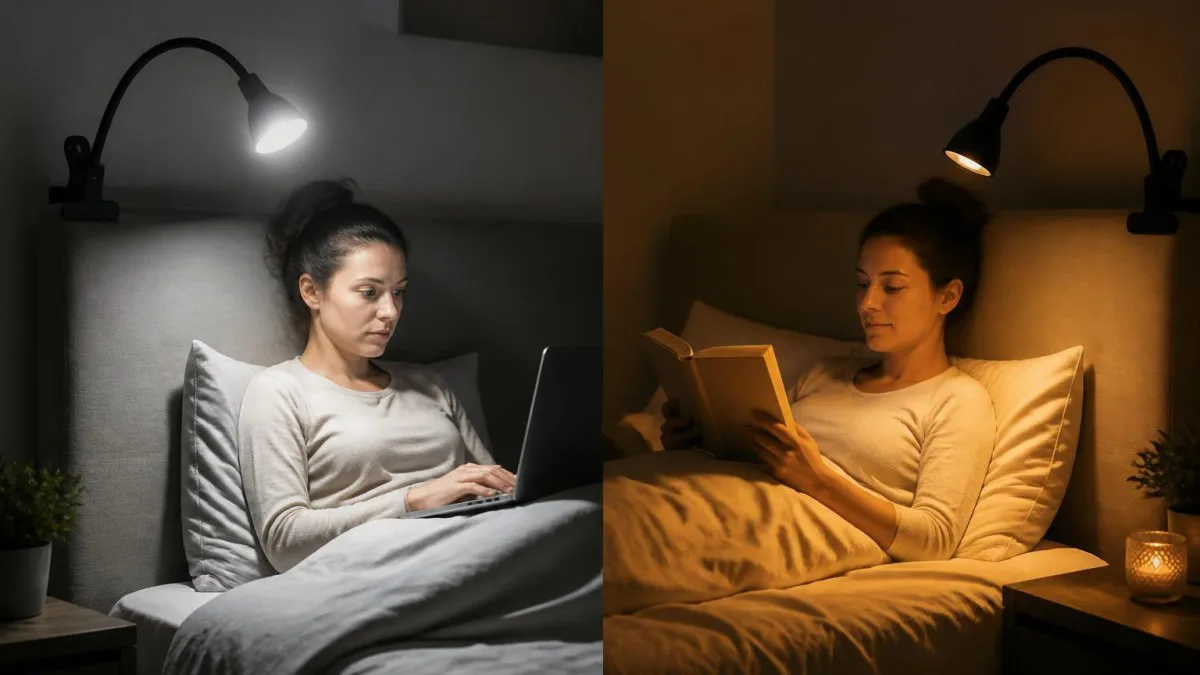 Zwei Klemmlampen zeigen Kontrast zwischen neutralweißem Arbeitslicht und warmem Entspannungslicht