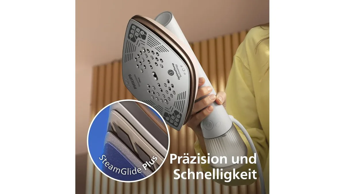 Philips OneTurn 2‑in‑1 Bügeleisen und Steamer auf weißem Hintergrund, kompakte Bauform, sichtbarer drehbarer Kopf – weitere Produktansicht 3