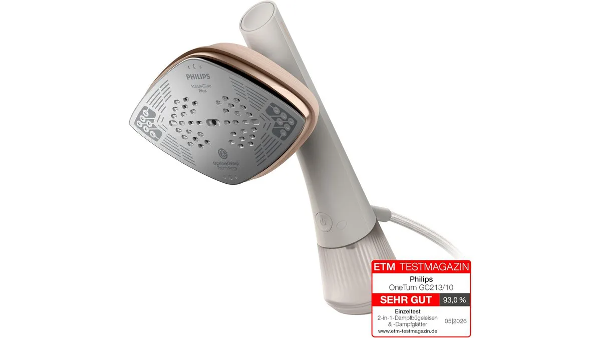Philips OneTurn 2‑in‑1 Bügeleisen und Steamer auf weißem Hintergrund, kompakte Bauform, sichtbarer drehbarer Kopf – weitere Produktansicht 4