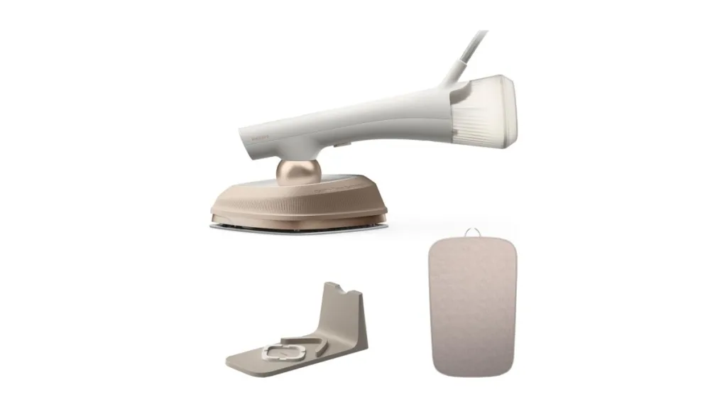 Philips OneTurn 2‑in‑1 Bügeleisen und Steamer auf weißem Hintergrund, kompakte Bauform, sichtbarer drehbarer Kopf
