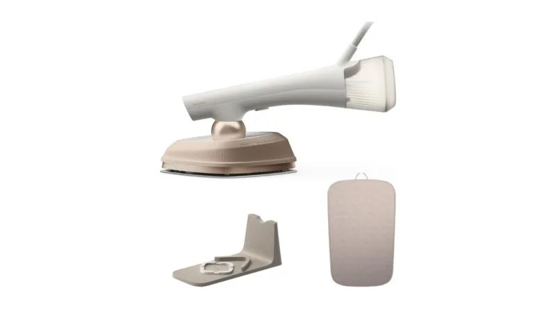 Philips OneTurn 2‑in‑1 Bügeleisen und Steamer auf weißem Hintergrund, kompakte Bauform, sichtbarer drehbarer Kopf