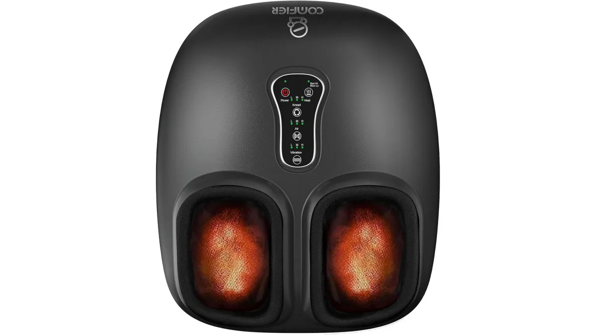 COMFIER 3D Shiatsu Fußmassagegerät, frontale Ansicht mit geöffnetem Fußraum