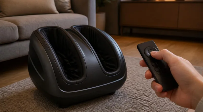 Fußmassagegerät auf Teppich vor Sofa, offene Fußtasche und Fernbedienung sichtbar
