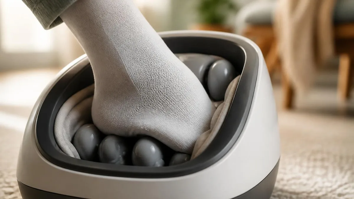 Person in Socken führt Fuß in Fußmassagegerät ein, Knetmechanik sichtbar