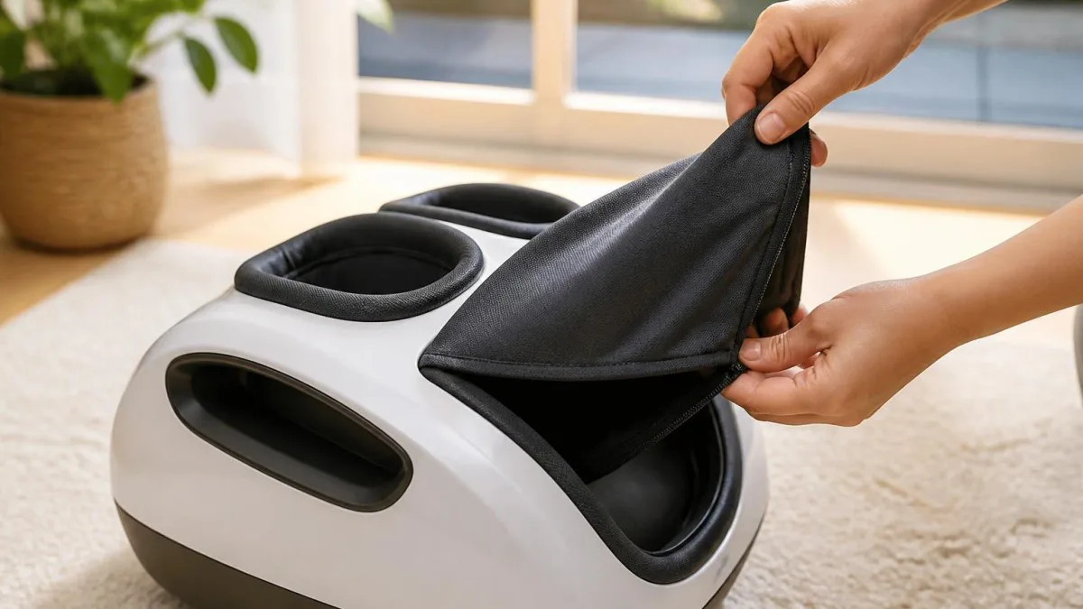 Hände ziehen waschbaren Innenbezug aus dem Fußmassagegerät zur Reinigung
