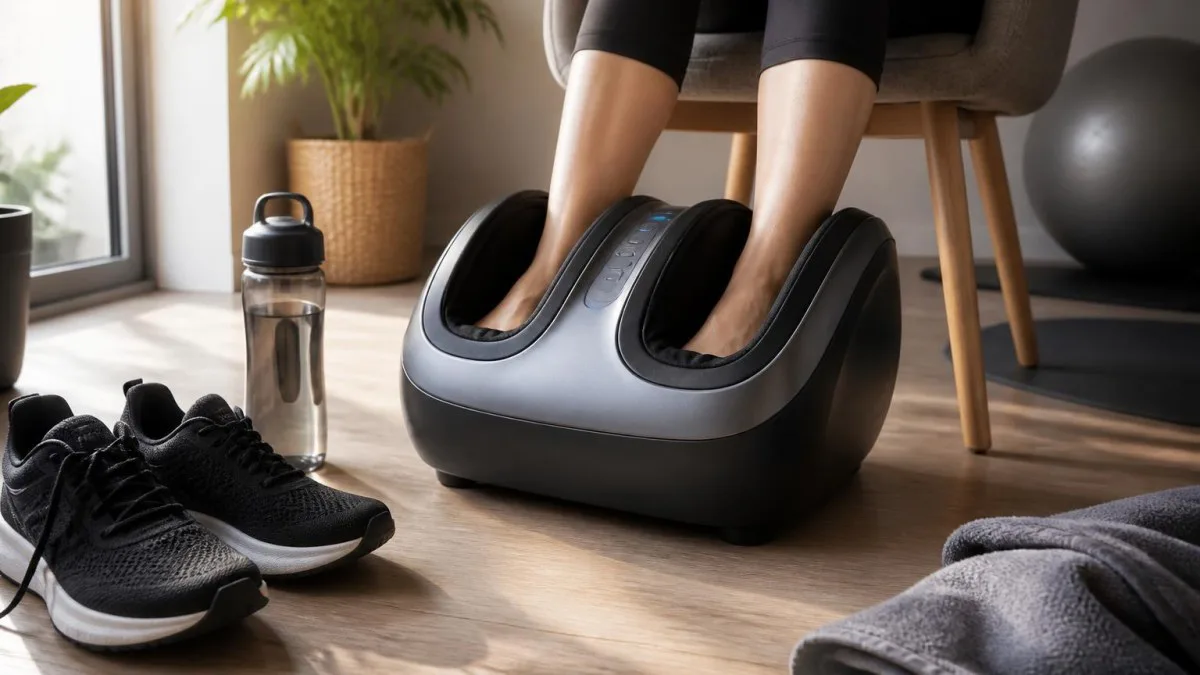 Fußmassagegerät neben Sportschuhen und Wasserflasche als Symbol für Regeneration