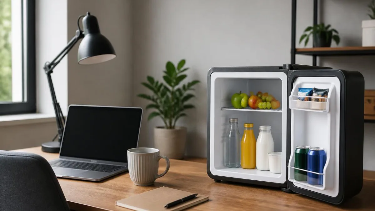 Kleiner 15L Mini‑Kühlschrank auf einem Schreibtisch neben Laptop und Tasse