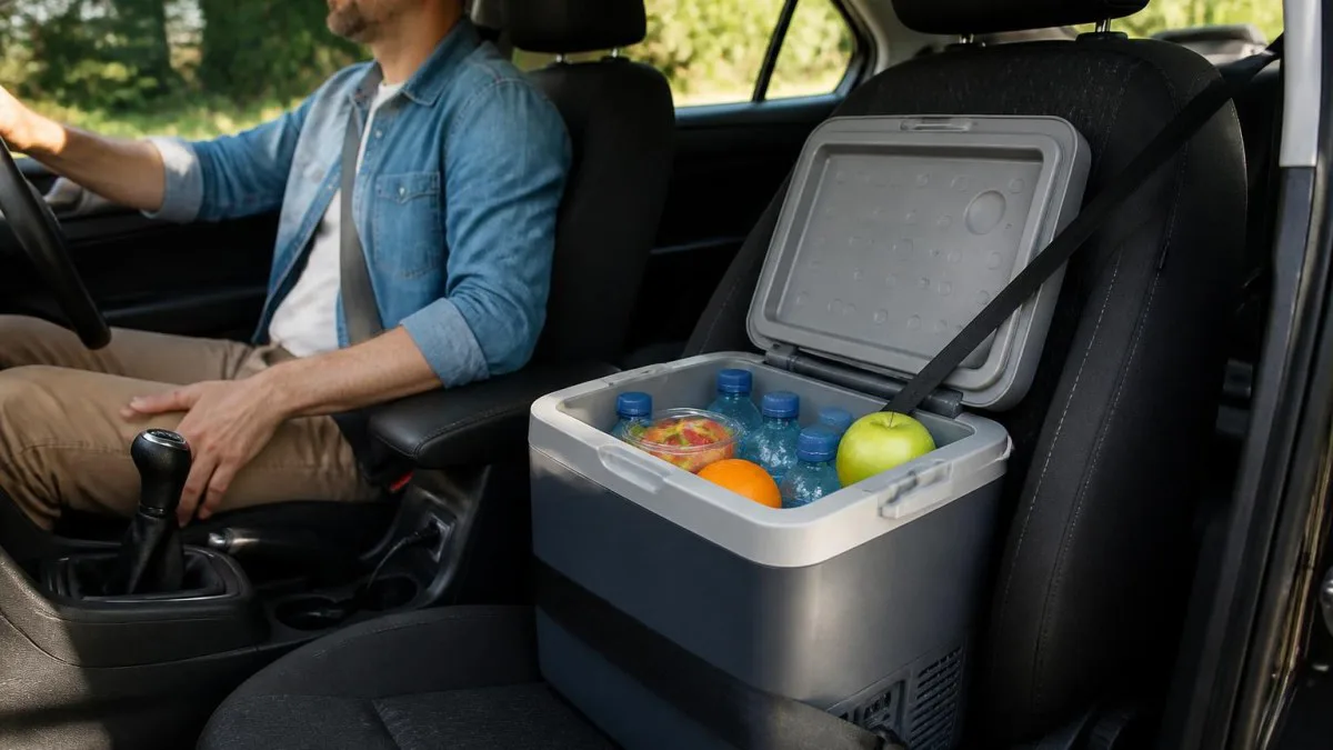 Mobiler Mini‑Kühlschrank angeschlossen im Auto auf dem Beifahrersitz