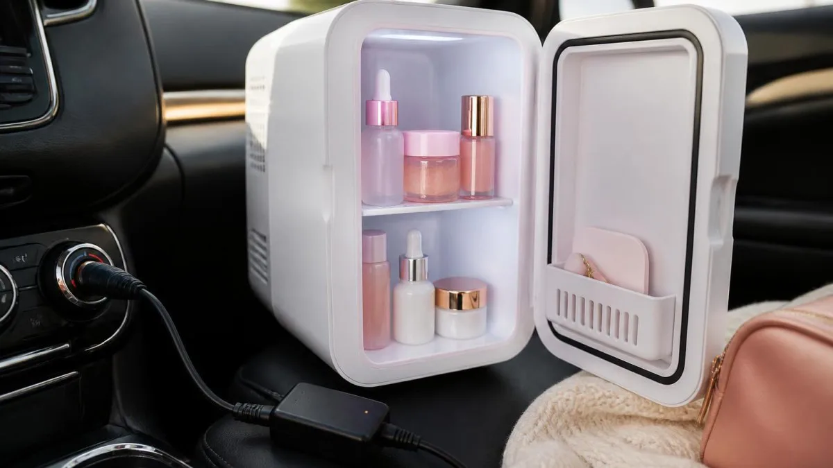Offener 4L Skincare‑Mini‑Kühlschrank mit Kosmetikflaschen im Inneren
