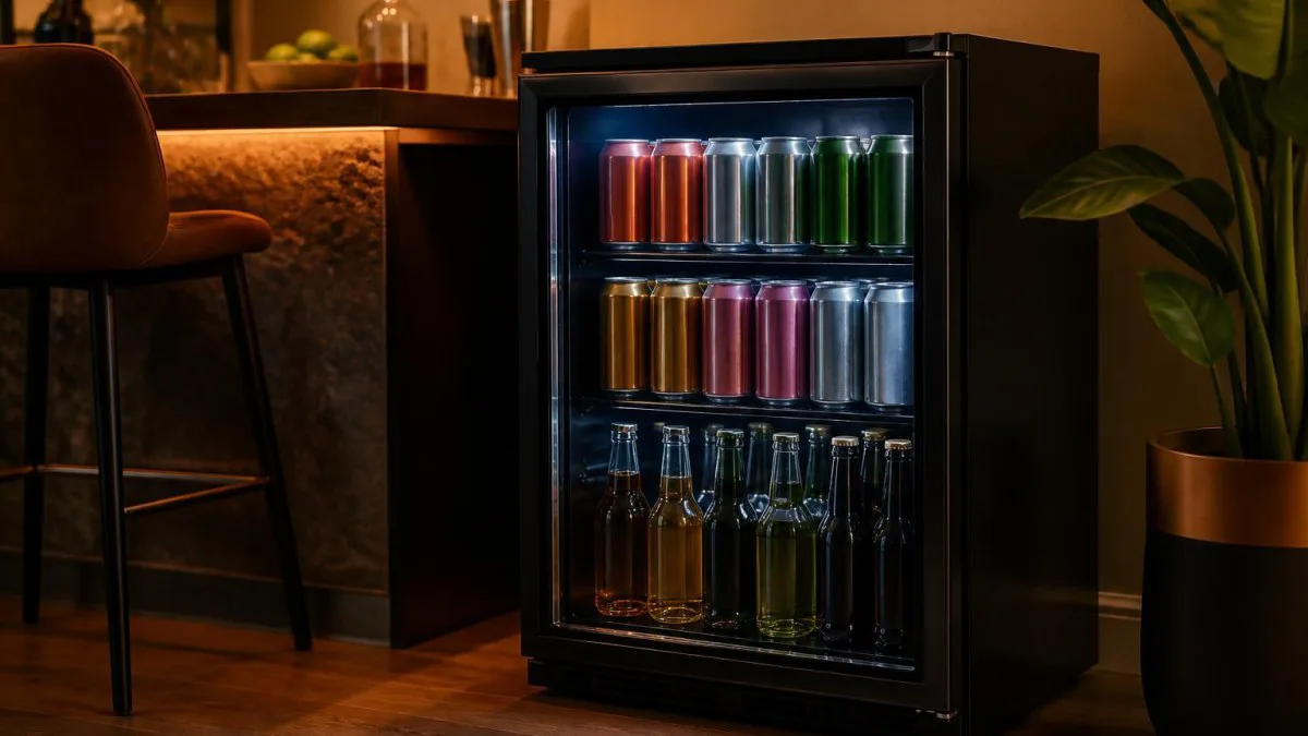 48L Getränkekühlschrank mit Glastür und LED‑Beleuchtung in Home‑Bar